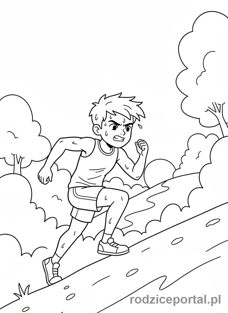 Kolorowanka Nauka Wytrwałości - Młody sportowiec biegnie pod górę, zmęczony, ale zdeterminowany.