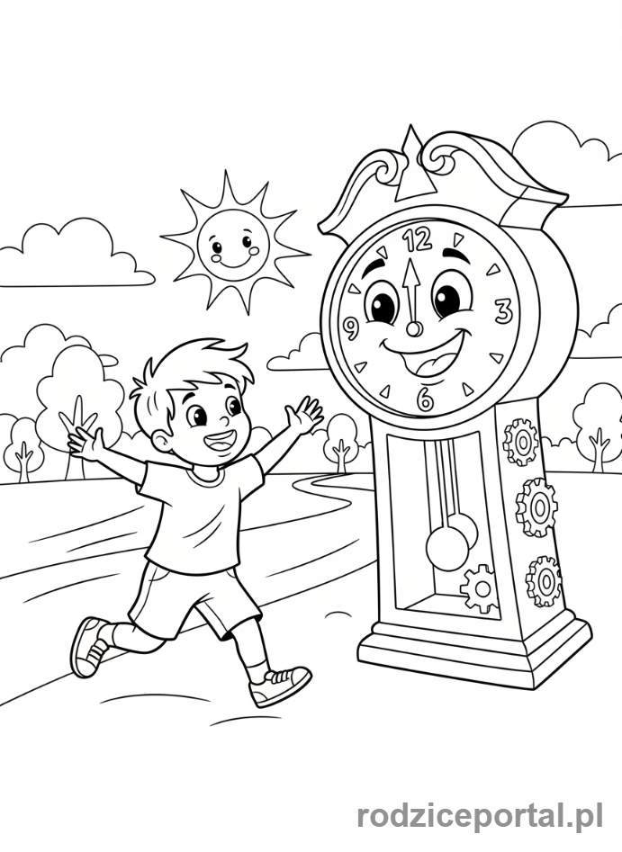 Kolorowanka Nauka Zegara - Dziecko biegnące do zegara