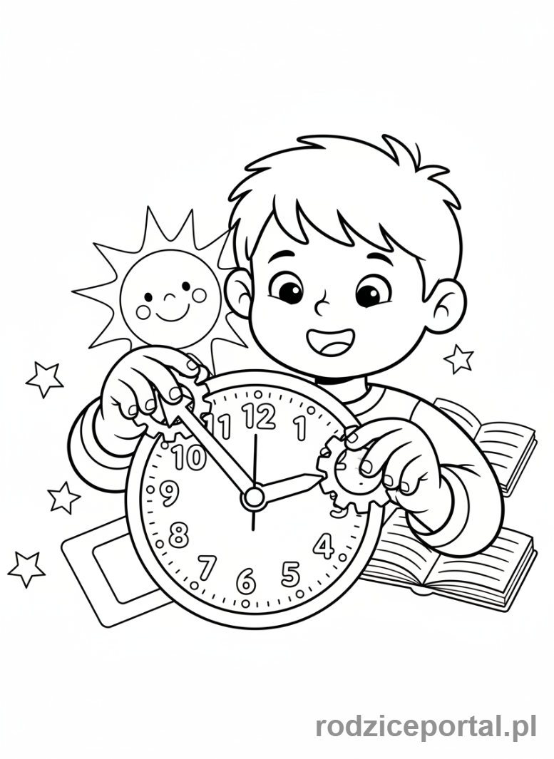 Kolorowanka Nauka Zegara - Dziecko przestawia wskazówki zegara