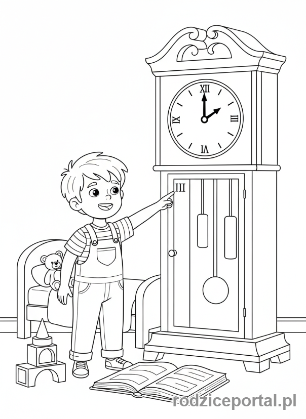 Kolorowanka Nauka Zegara - Dziecko wskazuje godzinę na zegarze