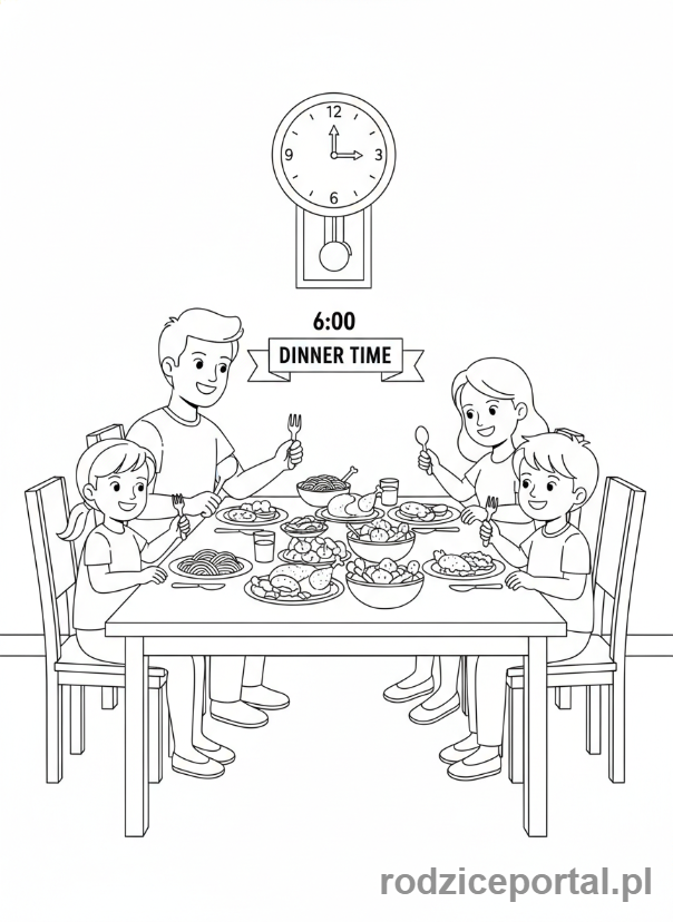 Kolorowanka Nauka Zegara - Rodzina jedząca obiad