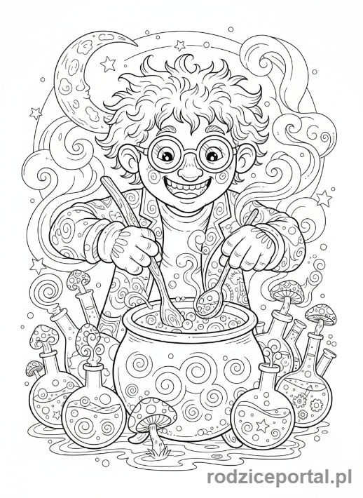 Kolorowanka Naukowiec - Naukowiec i bulgoczące eliksiry
