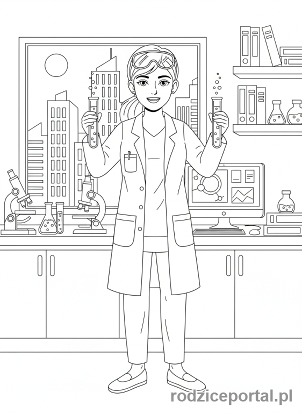 Kolorowanka Naukowiec - Naukowiec kobieta z probówkami