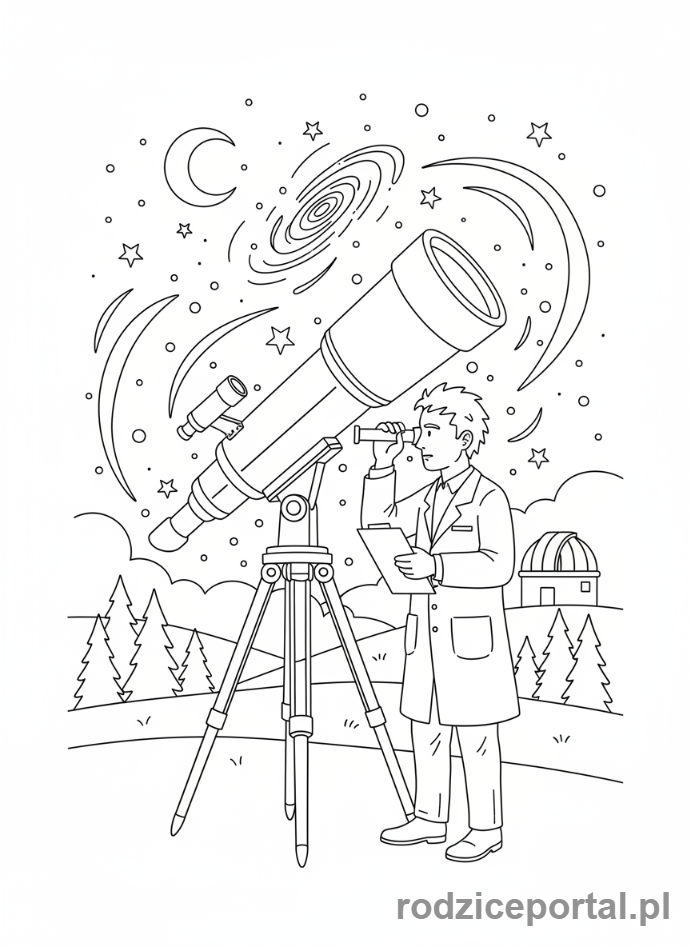 Kolorowanka Naukowiec - Naukowiec obserwuje gwiazdy