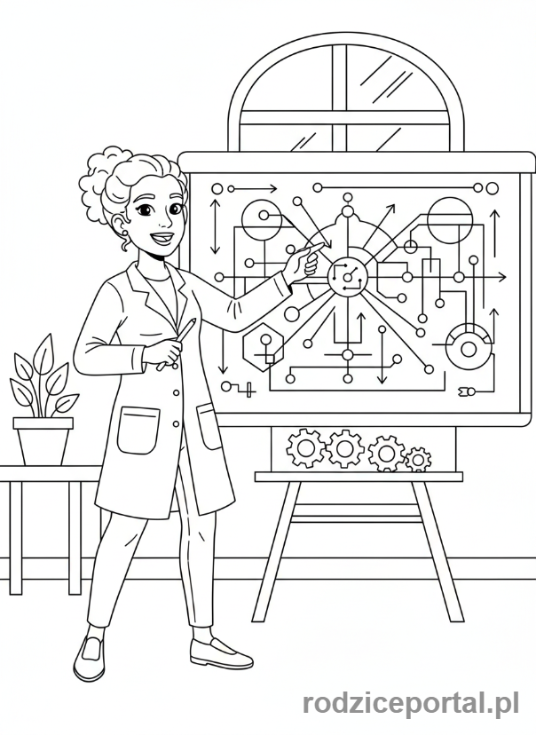 Kolorowanka Naukowiec - Naukowiec tłumaczy schemat