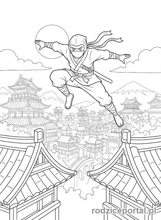 Kolorowanka Ninja - Ninja skaczacy po dachach