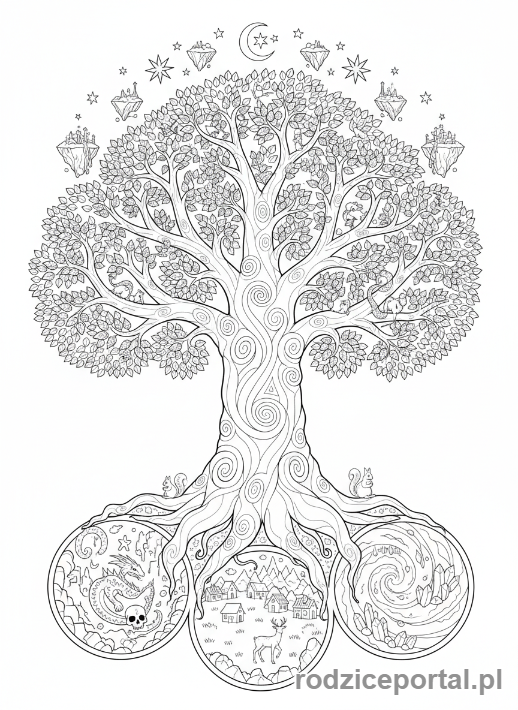 Kolorowanka Nordycka Mitologia - Drzewo Yggdrasil