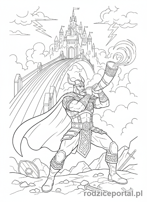 Kolorowanka Nordycka Mitologia - Heimdall gra na rogu