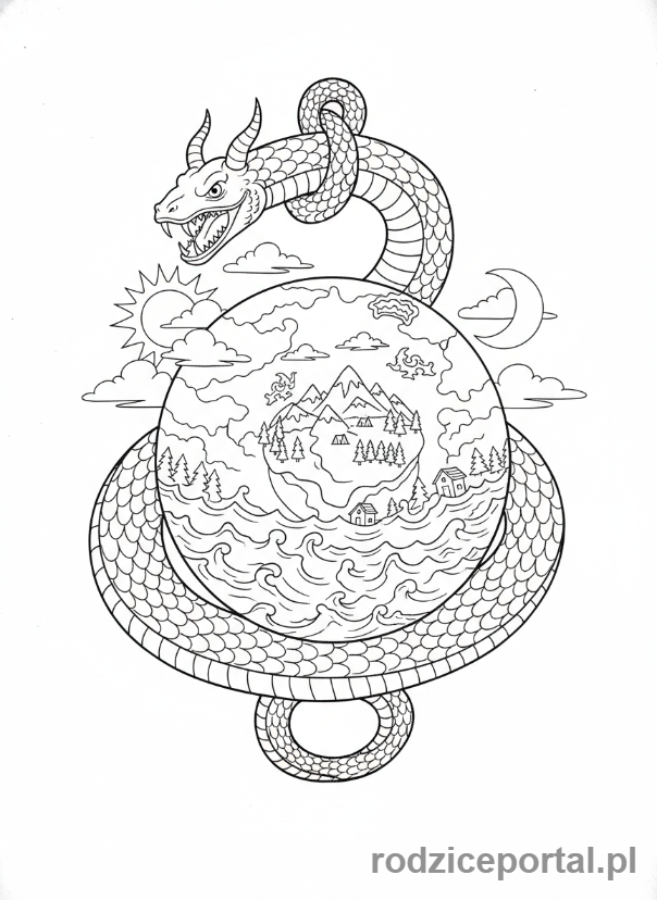 Kolorowanka Nordycka Mitologia - Jormungandr w morzu
