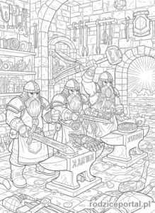 Kolorowanka Nordycka Mitologia - Krasnoludy przy kuciu