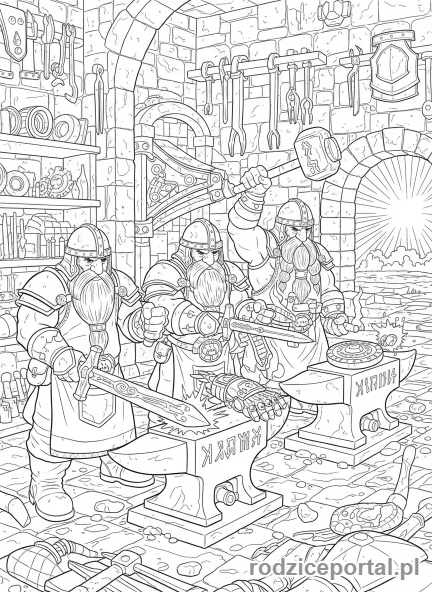 Kolorowanka Nordycka Mitologia - Krasnoludy przy kuciu