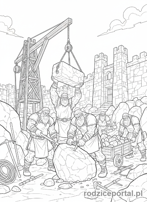 Kolorowanka Nordycka Mitologia - Olbrzymowie budujący mur