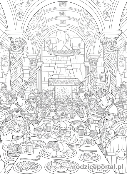 Kolorowanka Nordycka Mitologia - Wojownicy w Walhalli