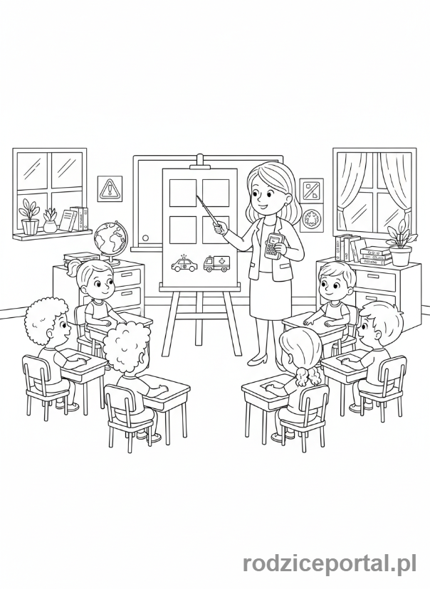 Kolorowanka Numer Alarmowy - Dzieci uczą się