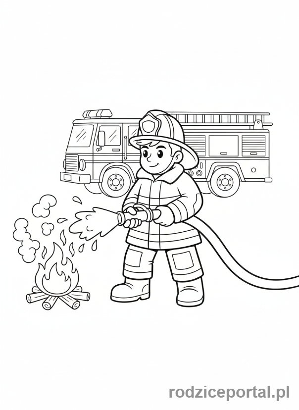 Kolorowanka Numer Alarmowy - Strażak gasi ogień
