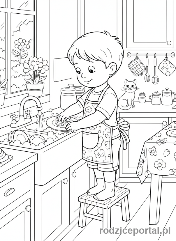 Kolorowanka Obowiązki - Chlopiec myje naczynia