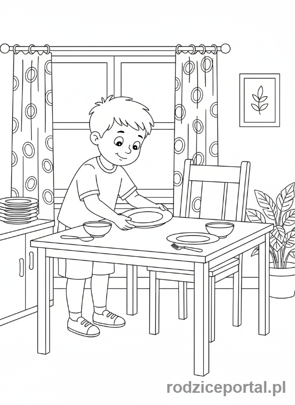 Kolorowanka Obowiązki - Chlopiec nakrywa do stolu