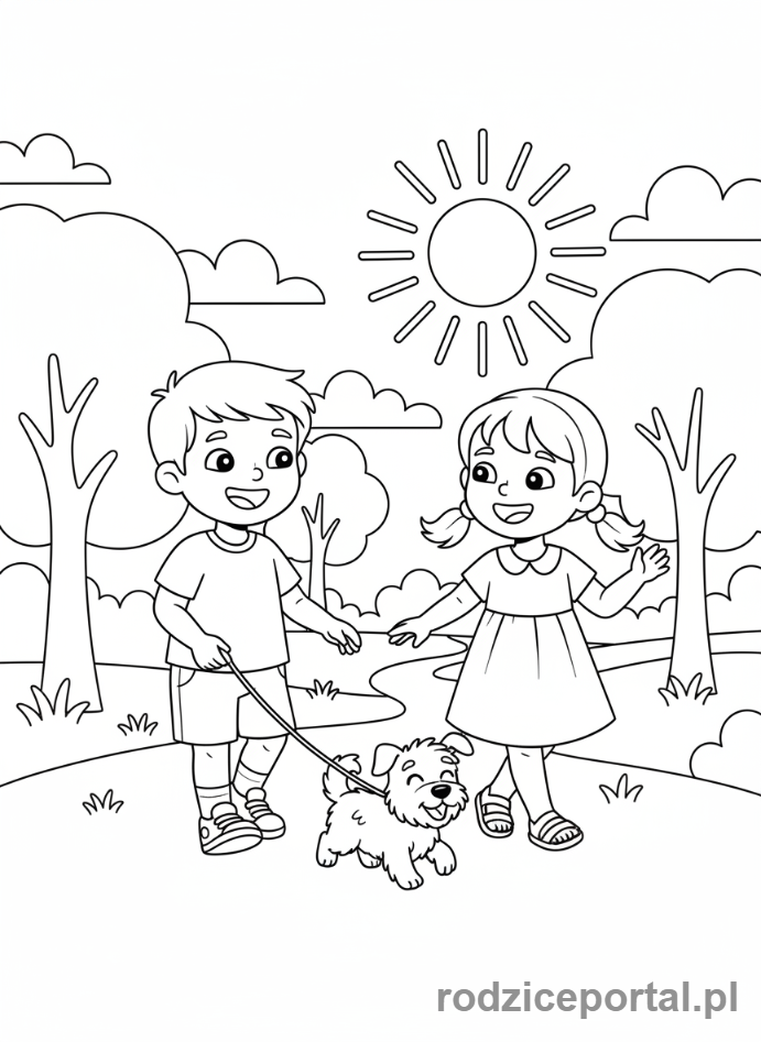 Kolorowanka Obowiązki - Dzieci wyprowadzaja psa