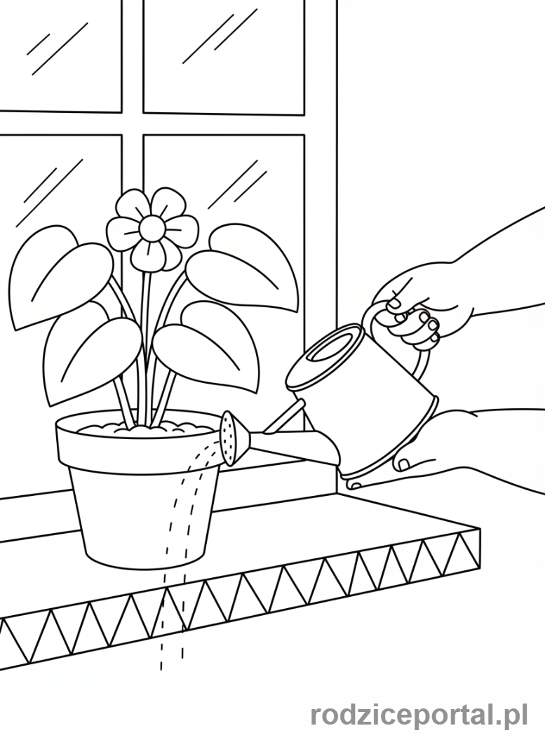 Kolorowanka Obowiązki - Dziecko podlewa kwiaty