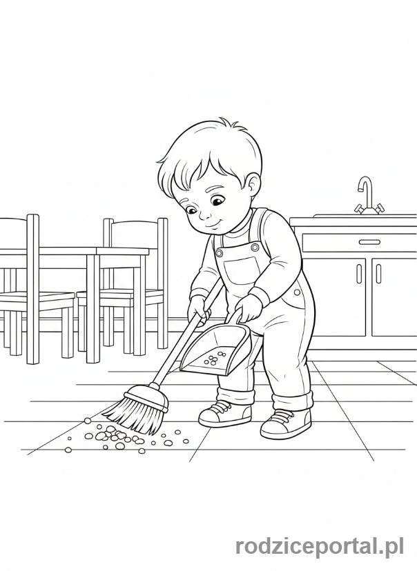 Kolorowanka Obowiązki - Dziecko zamiata podloge
