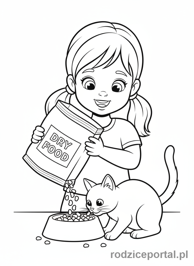 Kolorowanka Obowiązki - Dziewczynka karmi kota