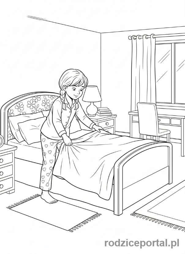 Kolorowanka Obowiązki - Dziewczynka scieli lozko