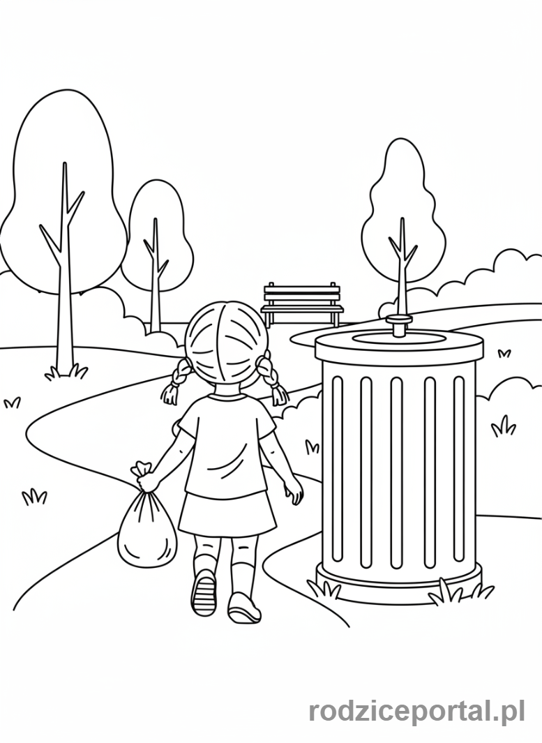 Kolorowanka Obowiązki - Dziewczynka wynosi smieci
