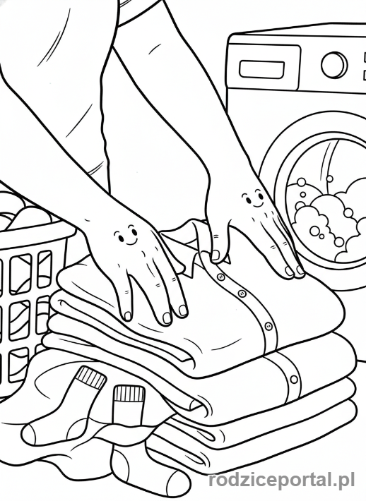 Kolorowanka Obowiązki - Mama i dziecko skladaja pranie