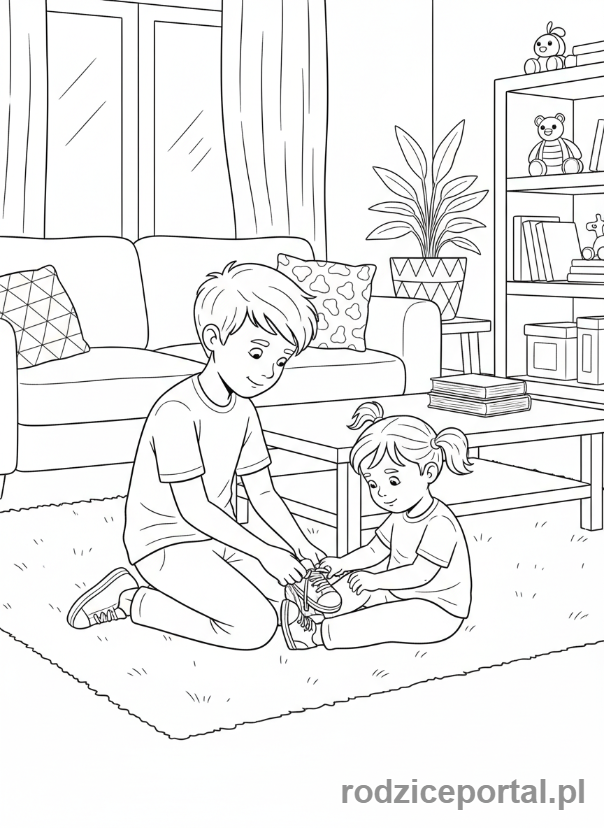 Kolorowanka Obowiązki - Starsze dziecko pomaga mlodszemu