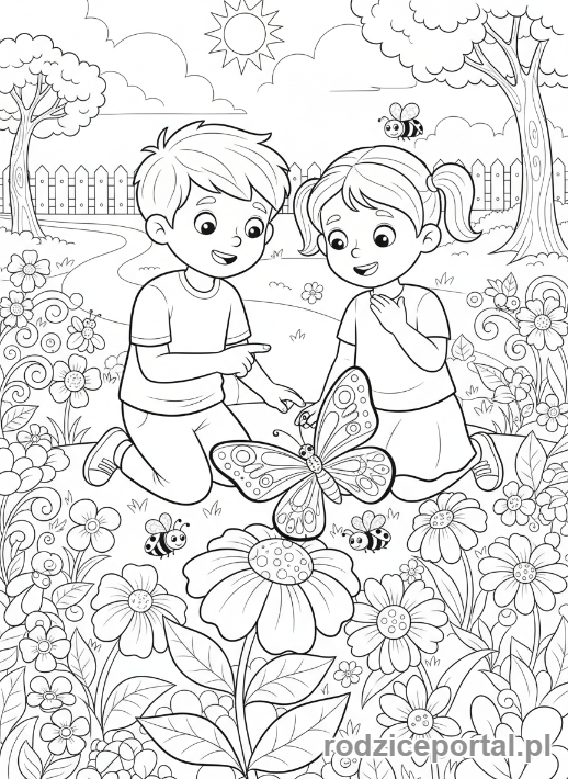 Kolorowanka Obserwacja Natury - Dzieci z motylem