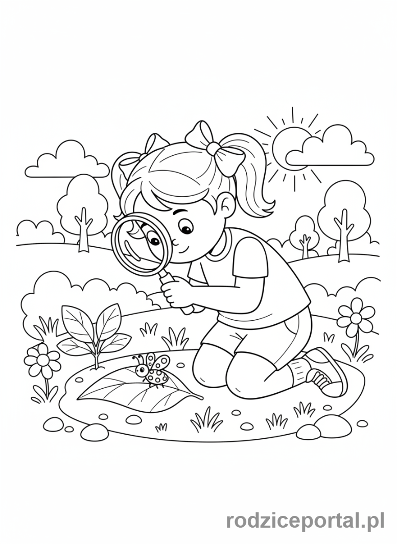 Kolorowanka Obserwacja Natury - Dziewczynka z lupą