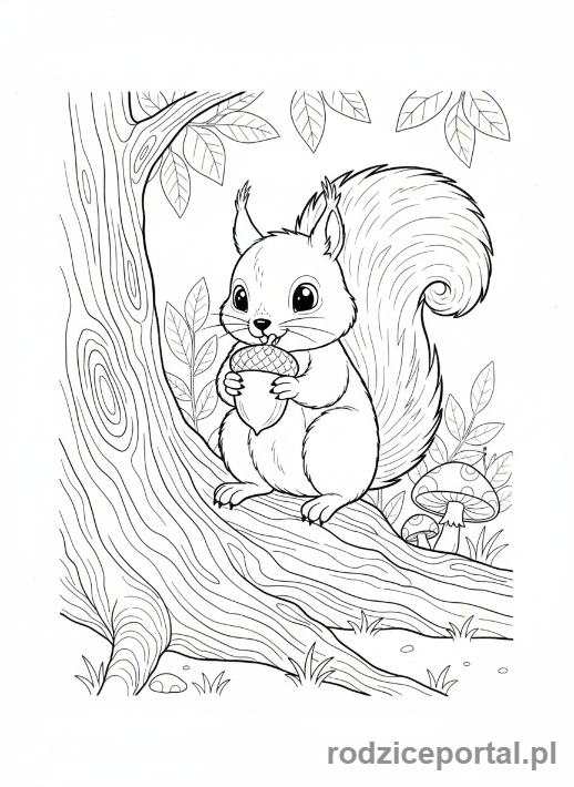 Kolorowanka Obserwacja Natury - Wiewiórka z orzechem