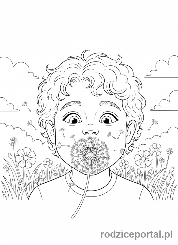 Kolorowanka Oddech Ćwiczenia - Dziecko dmucha dmuchawca