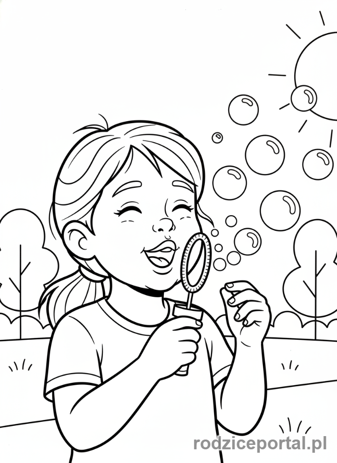 Kolorowanka Oddech Ćwiczenia - Dziewczynka dmucha bańki