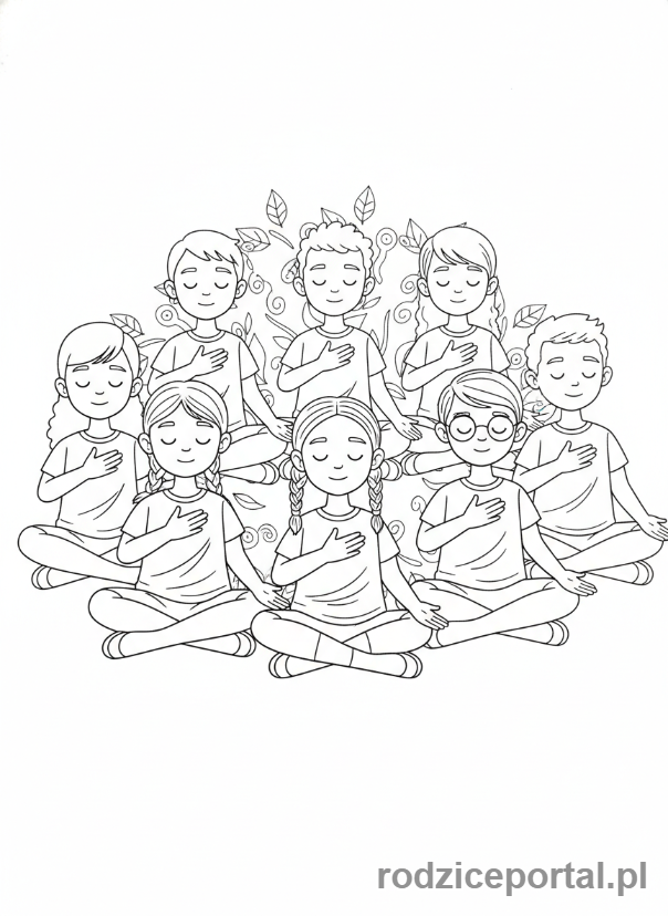 Kolorowanka Oddech Ćwiczenia - Grupa dzieci ćwiczy oddech