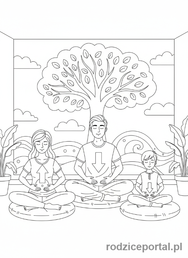 Kolorowanka Oddychanie - Grupa cwiczy oddech