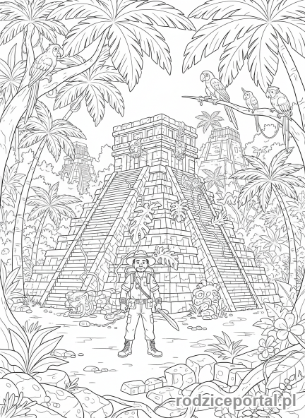 Kolorowanka Odkrycia Geograficzne - Badacz w ruinach cywilizacji Majów