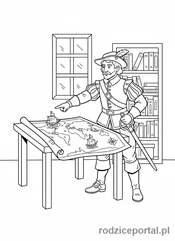 Kolorowanka Odkrycia Geograficzne - Ferdynand Magellan planujący podróż