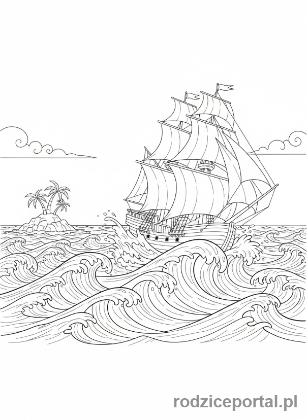 Kolorowanka Odkrycia Geograficzne - Karawela na wzburzonym morzu