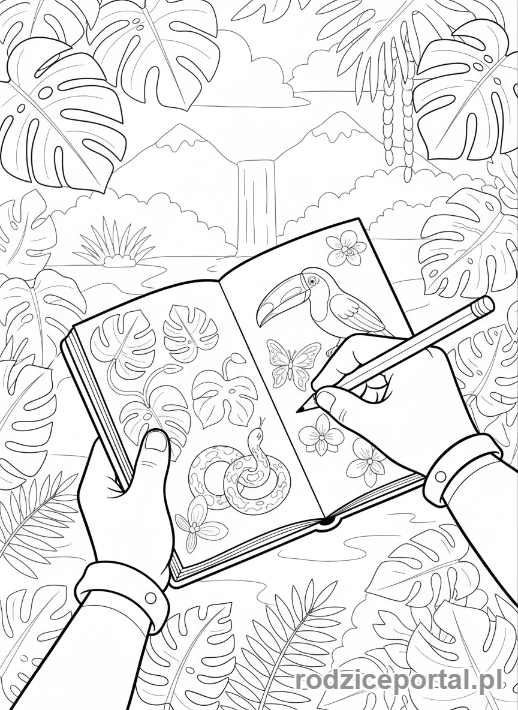 Kolorowanka Odkrycia Geograficzne - Odkrywca rysujący egzotyczne rośliny