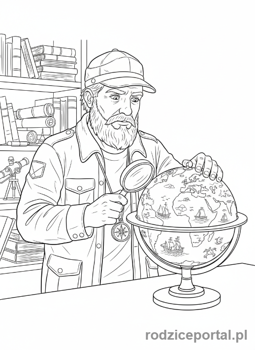 Kolorowanka Odkrycia Geograficzne - Podróżnik studiujący globus