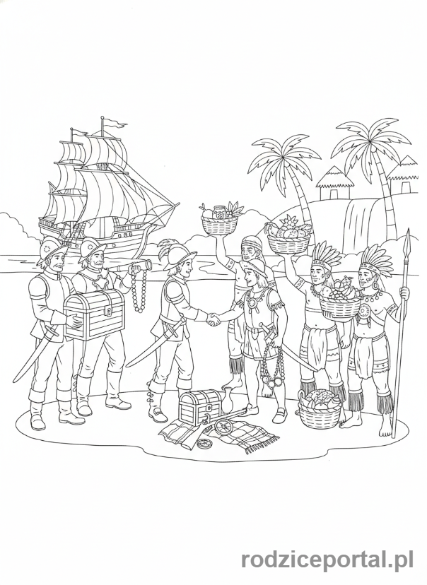 Kolorowanka Odkrycia Geograficzne - Spotkanie Europejczyków z rdzennymi mieszkańcami