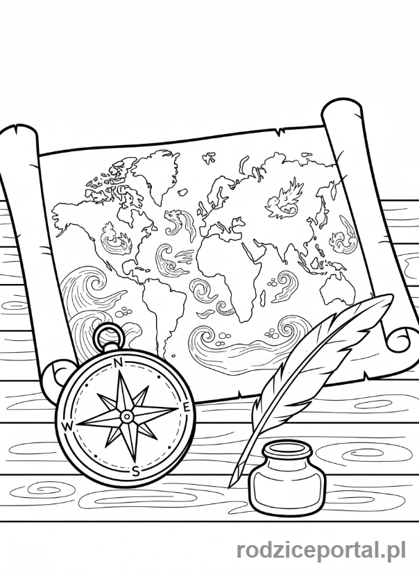 Kolorowanka Odkrycia Geograficzne - Stara mapa świata z kompasem