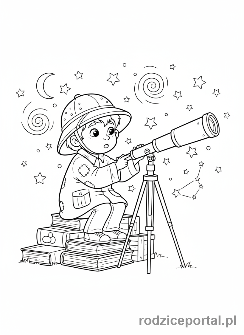 Kolorowanka Odkrywca - Dziecięcy odkrywca z teleskopem