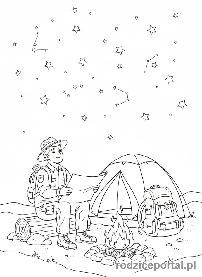 Kolorowanka Odkrywca - Odkrywca przy ognisku