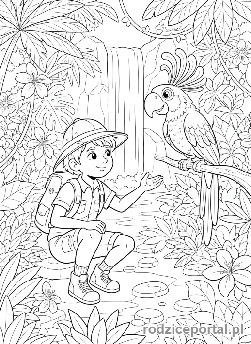 Kolorowanka Odkrywca - Odkrywca spotyka egzotyczne zwierzę