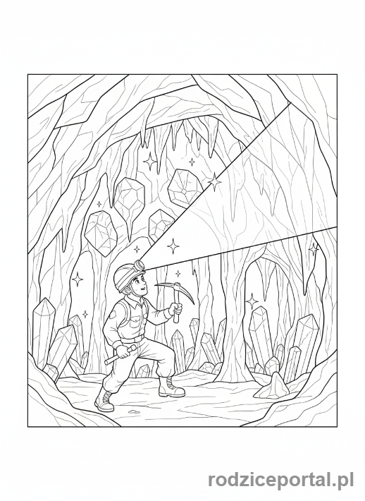 Kolorowanka Odkrywca - Odkrywca w jaskini z kryształami