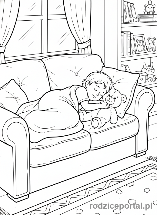 Kolorowanka Odpoczynek - Dziecko drzemiące na sofie