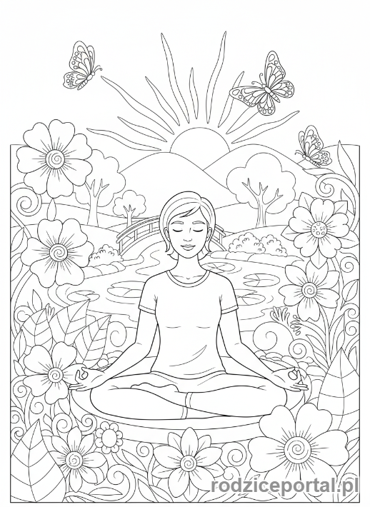 Kolorowanka Odpoczynek - Medytująca postać w ogrodzie