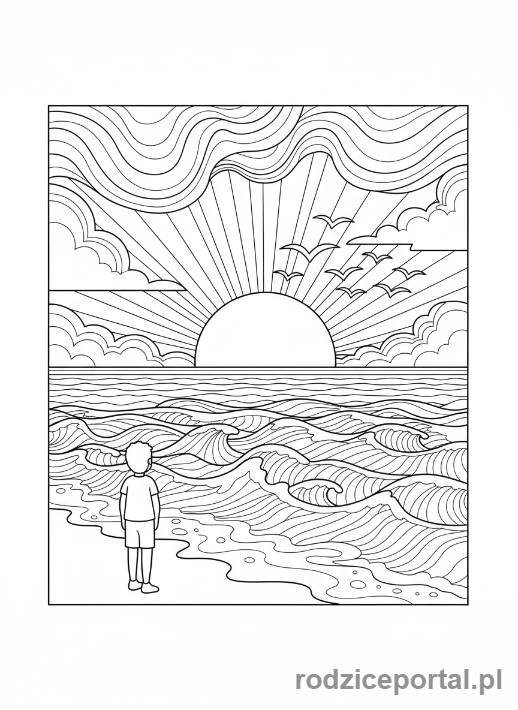 Kolorowanka Odpoczynek Mentalny - Zachód słońca nad morzem